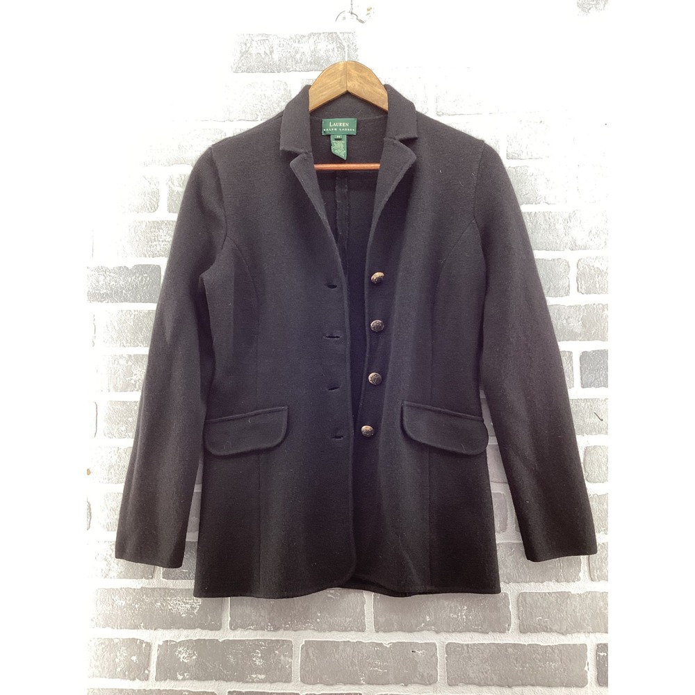 Lauren Ralph Lauren Merino Wool Knit Blazer‎ Black Crest Button Jacket Womens M